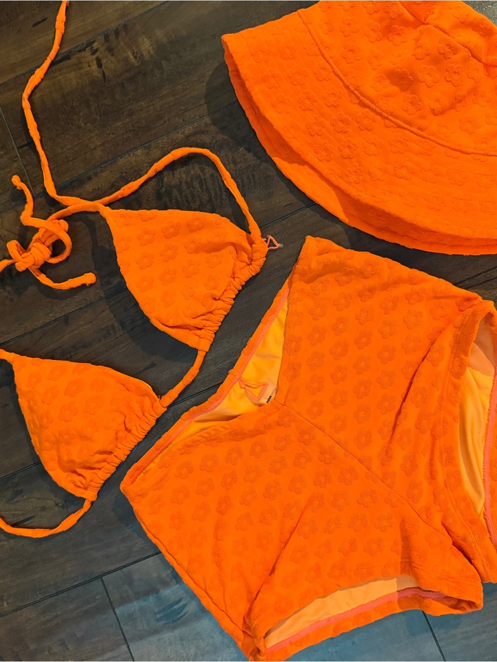 Fashion Nova Orange Textured Triangle Bikini Set with Bucket Hat